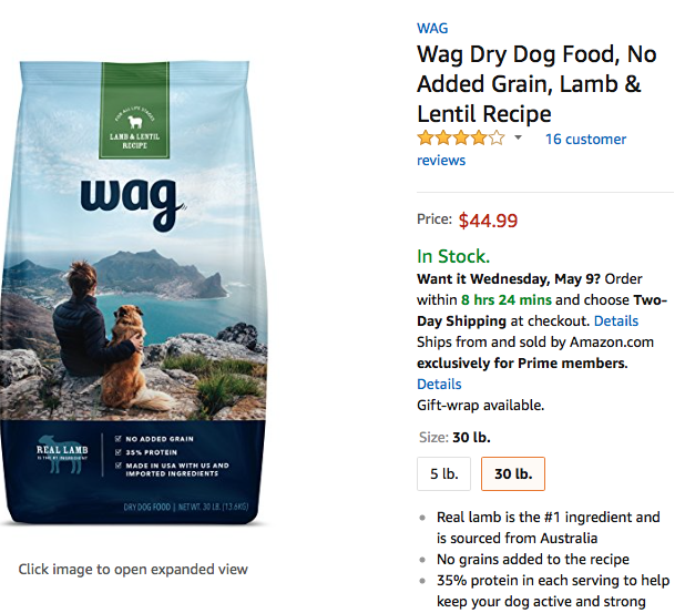 Amazon's Wag pet food