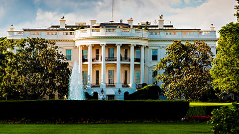 a large green field with trees in the background with White House in the background