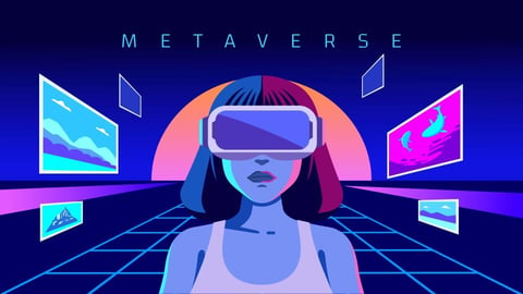 graphic depicting a woman in the metaverse wearing augmented reality goggles