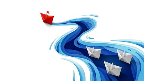 Concept of leadership, red boat leading three white boats