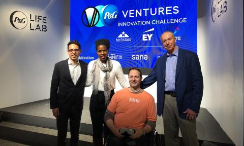 The CES 2020 Innovation Challenge finalists: Nicholas Michalak, CEO of SomniFix, Dr. Sanna Gaspard, Founder and CEO of Rubitection, Richard Hanbury, Founder of Sana (winner), and Dr. Bryan Fuller, Founder and CEO of DermaMedics